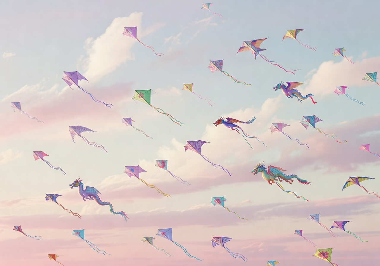 floating colorful kites sky soft clouds aesthetic in a dreamy pastel sky