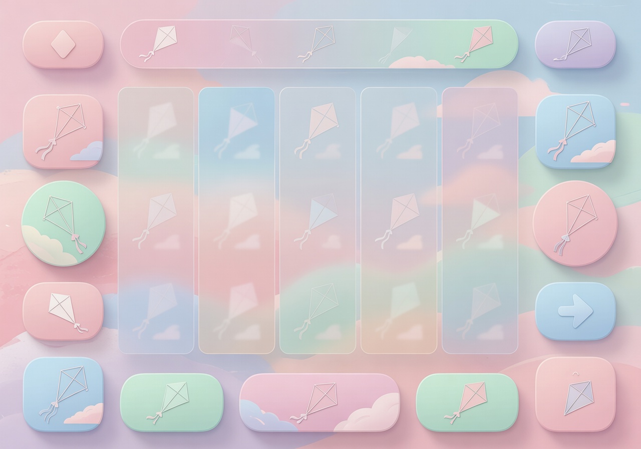 slot game UI soft pastel theme with kite elements